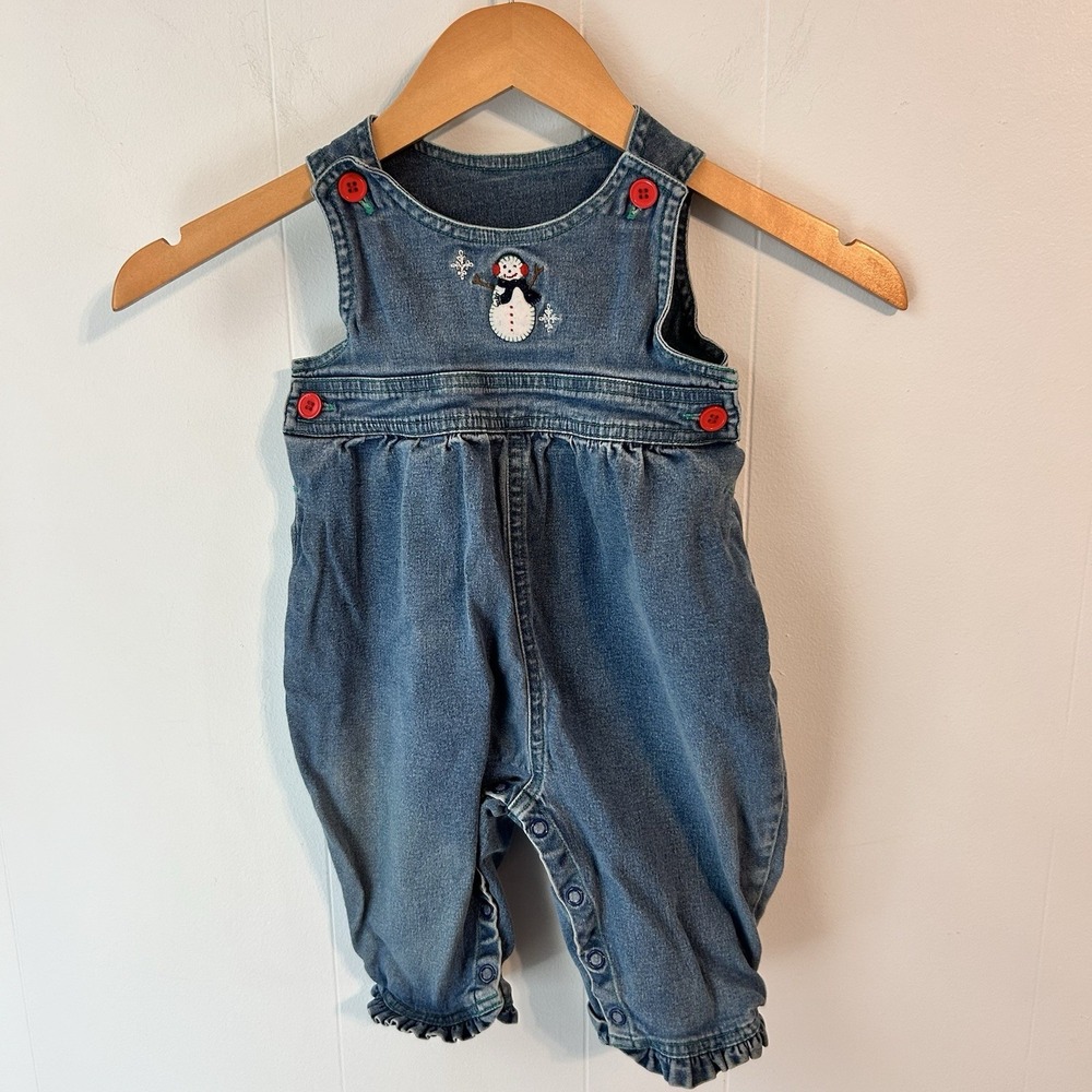Hartstrings Baby Denim Overalls Snowman Embroidery Ruffle Trim Blue 12M